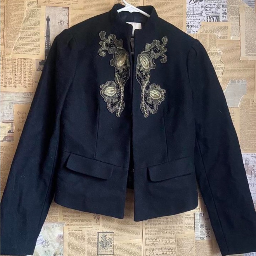 Black Embroidered Cropped Blazer with Textured Fabric
